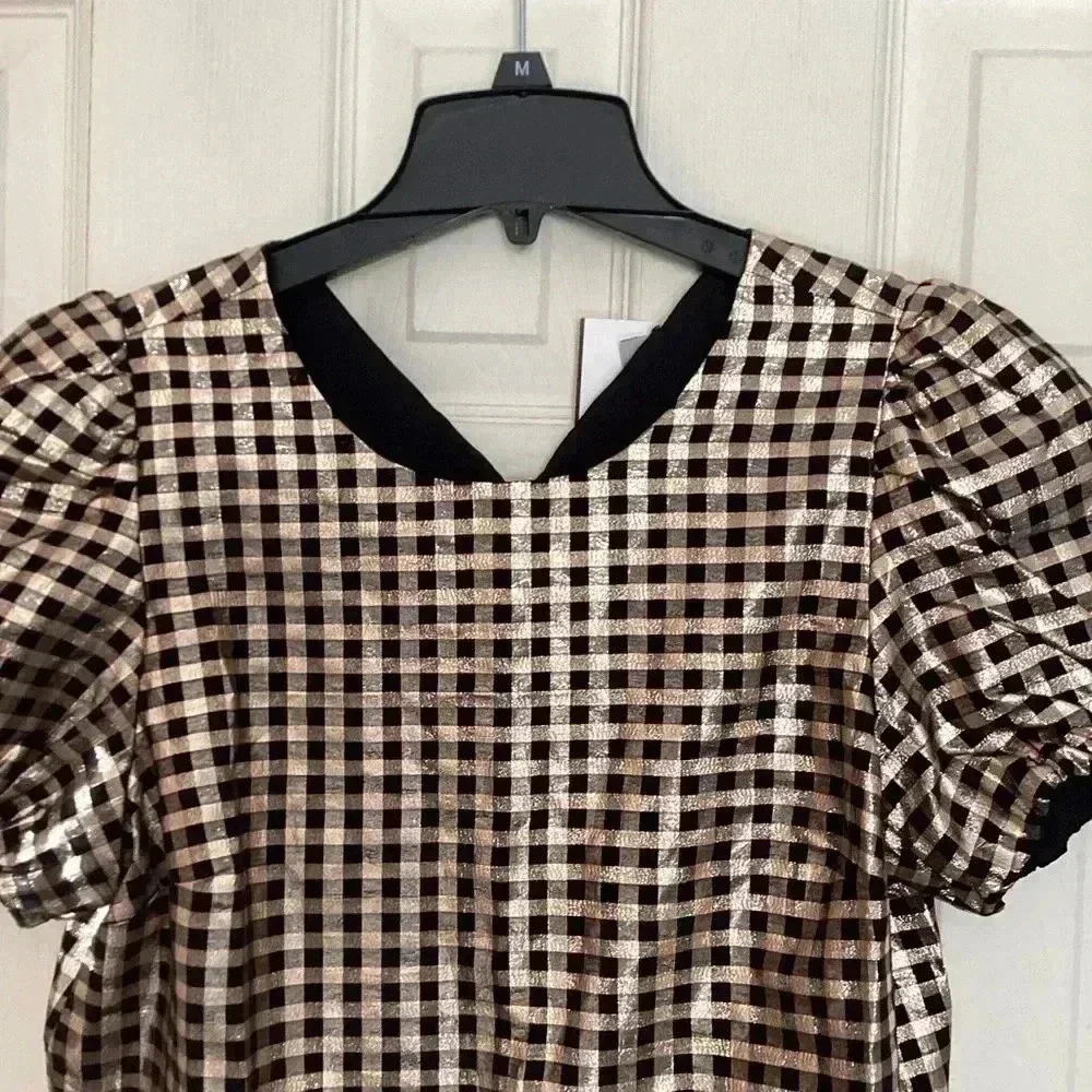 J.Crew Metallic Gold & Black Plaid Puff Sleeve Top Size Medium